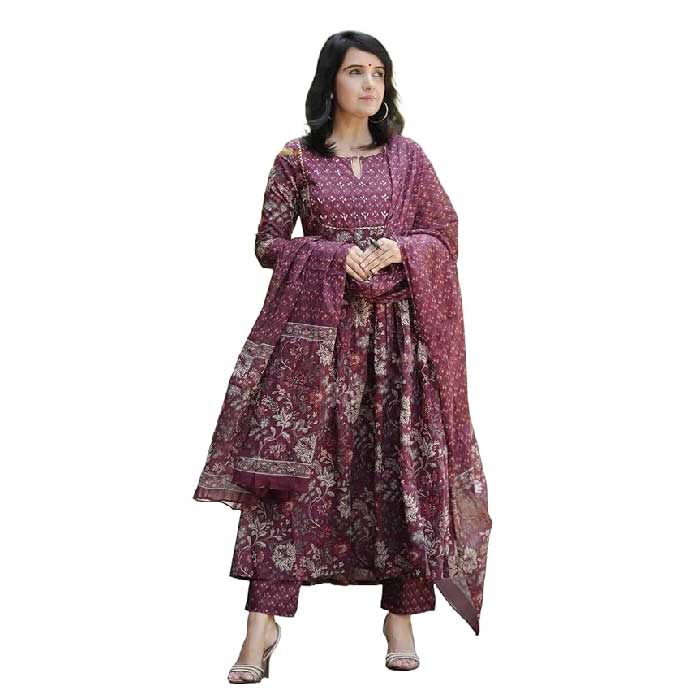 Alvami Womens Maroon Anarkali Kurta and Pant Set with Dupatta