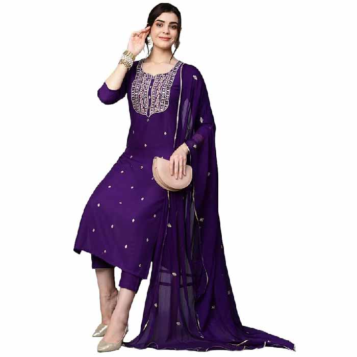 GoSriKi Womens Cotton Blend Embroidered Straight Kurta with Pant & Dupatta Blue Color