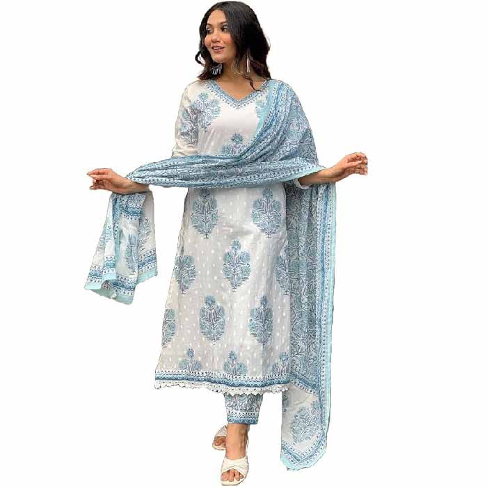 Nermosa Women Cotton Block Printed Kurta Pant With Dupatta White Color