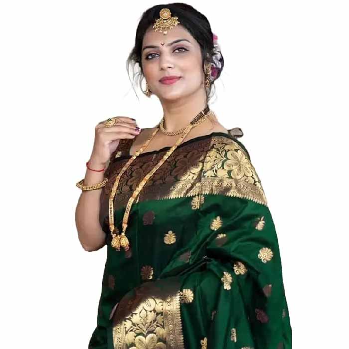 Yashika Womens Zari Woven Cotton Silk Jacquard Green Saree With Unstitched Blouse Material